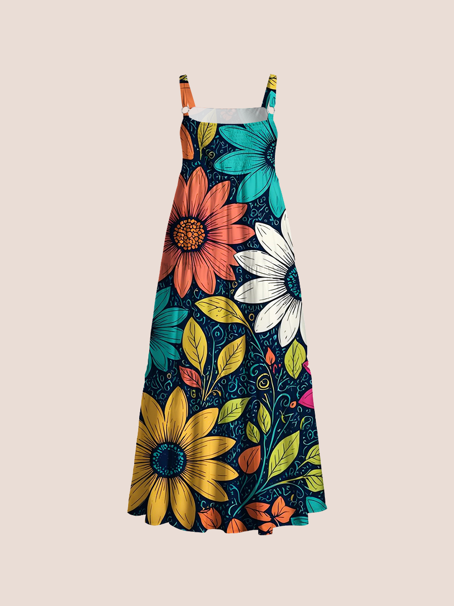 Boho Folk Art Daisy Adjustable Wide Straps Maxi Dress