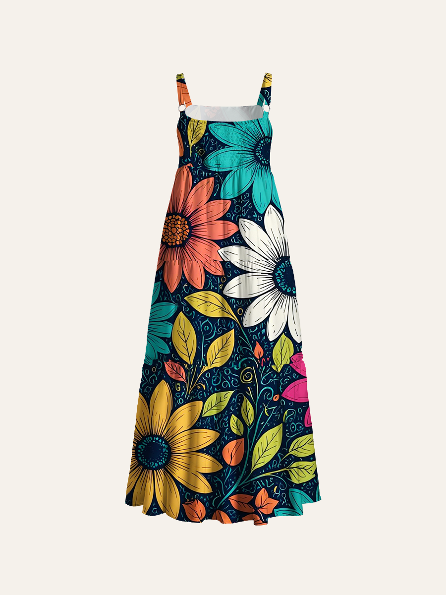 Boho Folk Art Daisy Adjustable Wide Straps Maxi Dress
