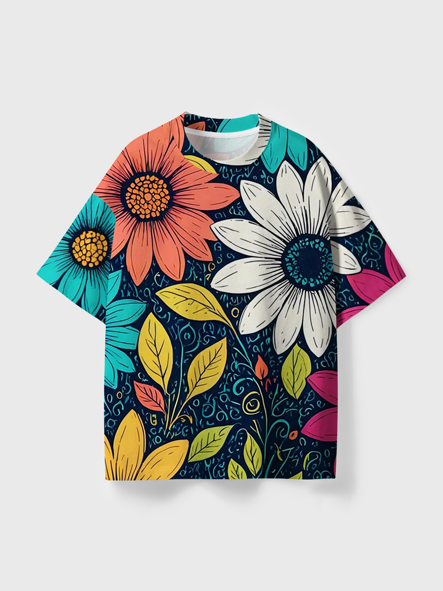 Vintage Boho Folk Art Daisy All Over Print T-Shirt