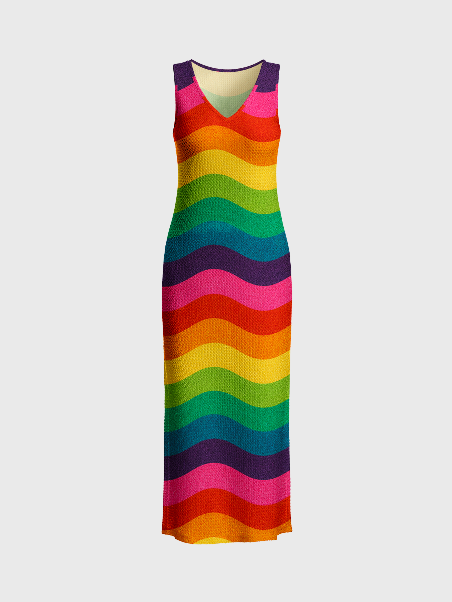 Retro Rainbow Wavy Stripe Open Stitch Midi Dress