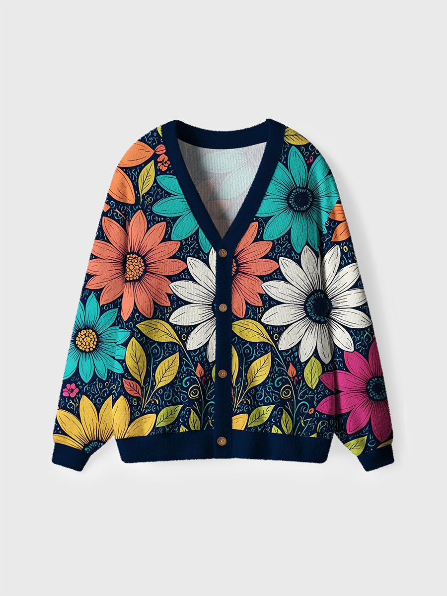 Vintage Boho Folk Art Daisy Cardigan Sweaters