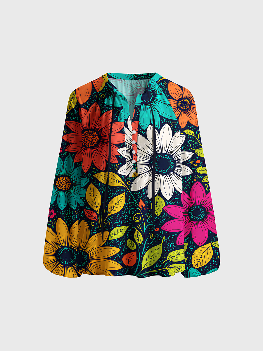 Boho Folk Art Daisy Neck Tie Blouse