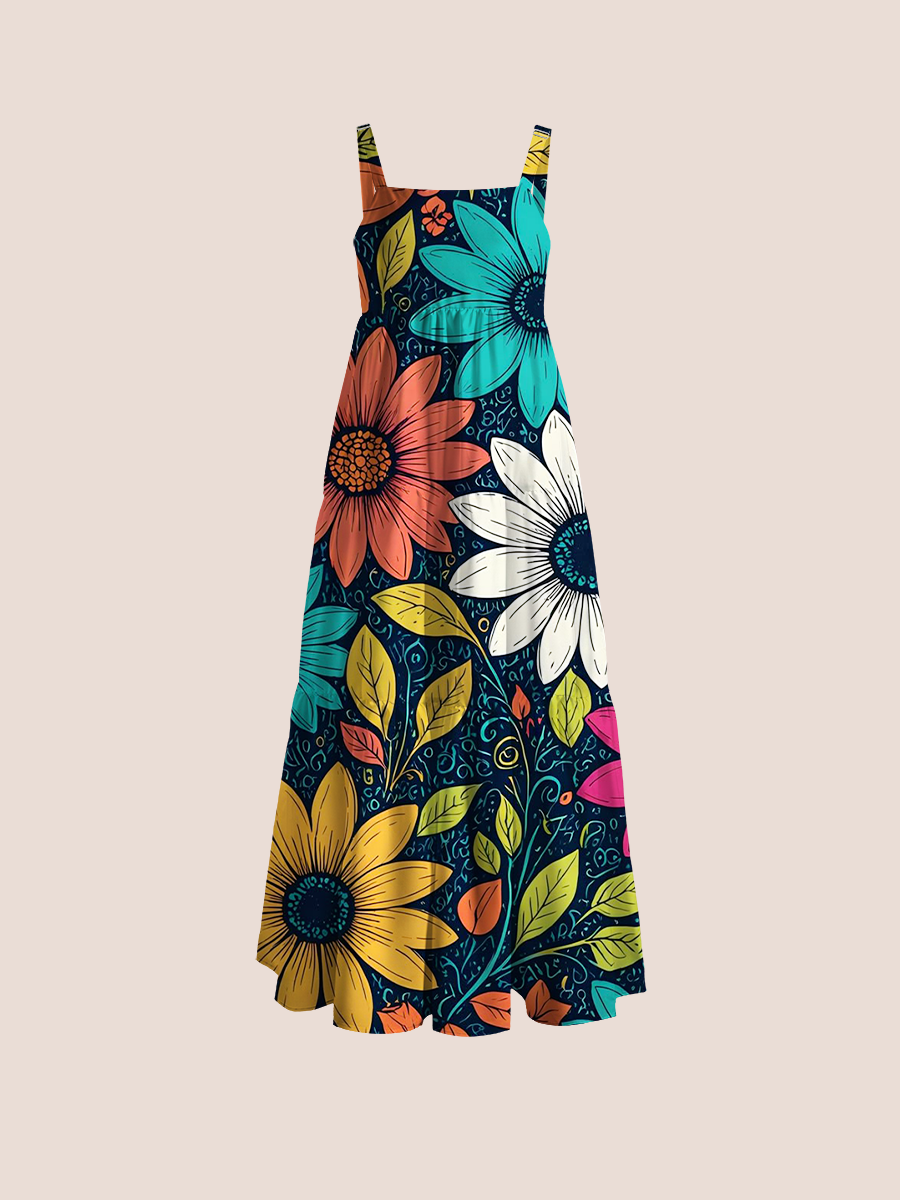 Boho Folk Art Daisy Adjustable Wide Straps Maxi Dress