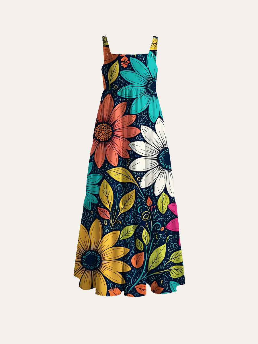 Boho Folk Art Daisy Adjustable Wide Straps Maxi Dress
