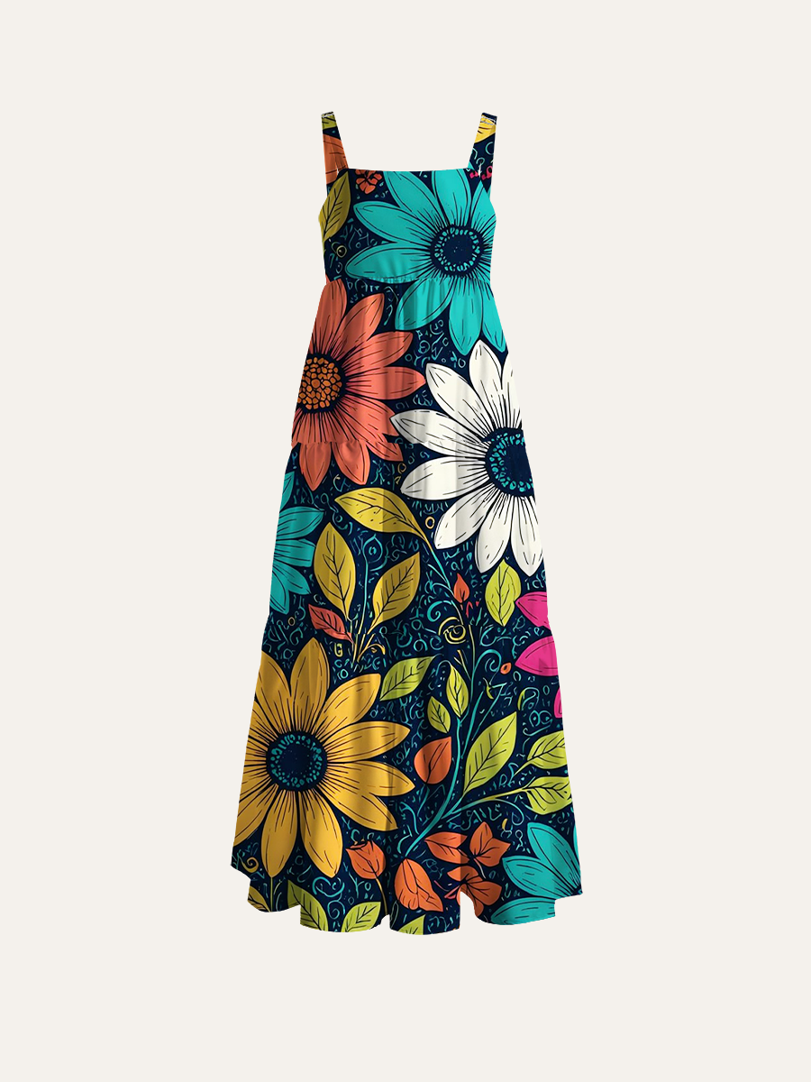Boho Folk Art Daisy Adjustable Wide Straps Maxi Dress