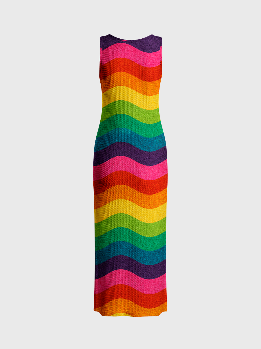 Retro Rainbow Wavy Stripe Open Stitch Midi Dress