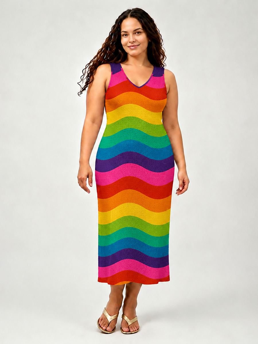 Retro Rainbow Wavy Stripe Open Stitch Midi Dress