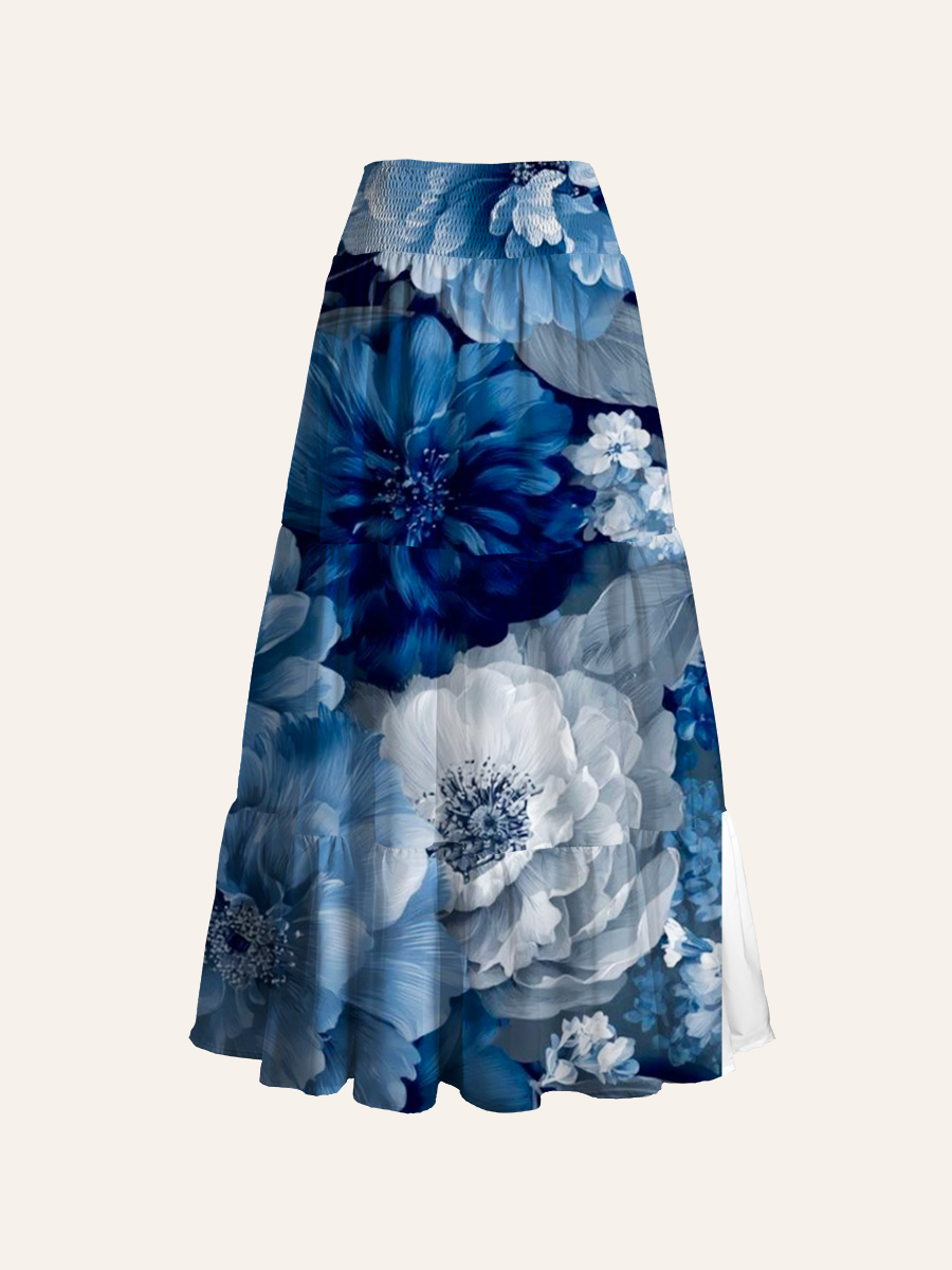 Indigo Blue and White Peony Watercolor Convertible Maxi Skirts