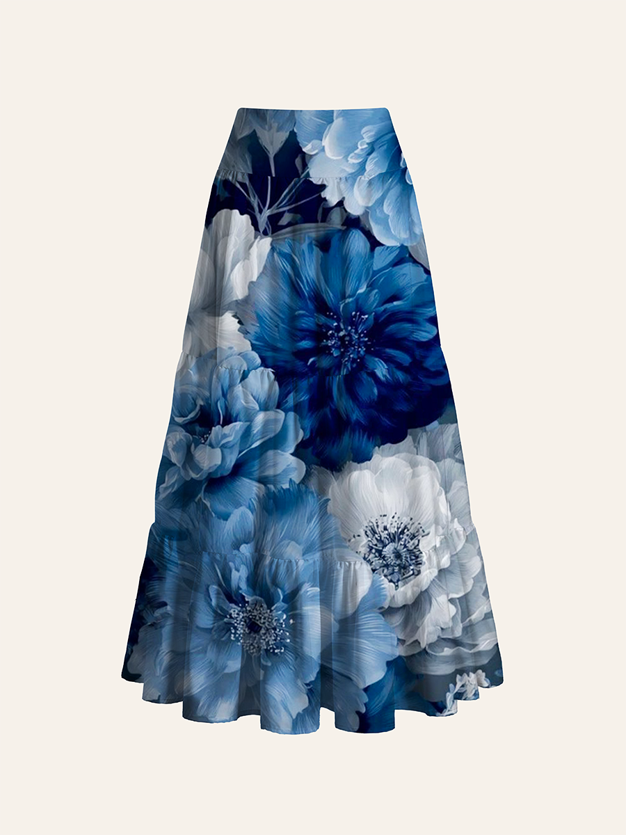 Indigo Blue and White Peony Watercolor Convertible Maxi Skirts