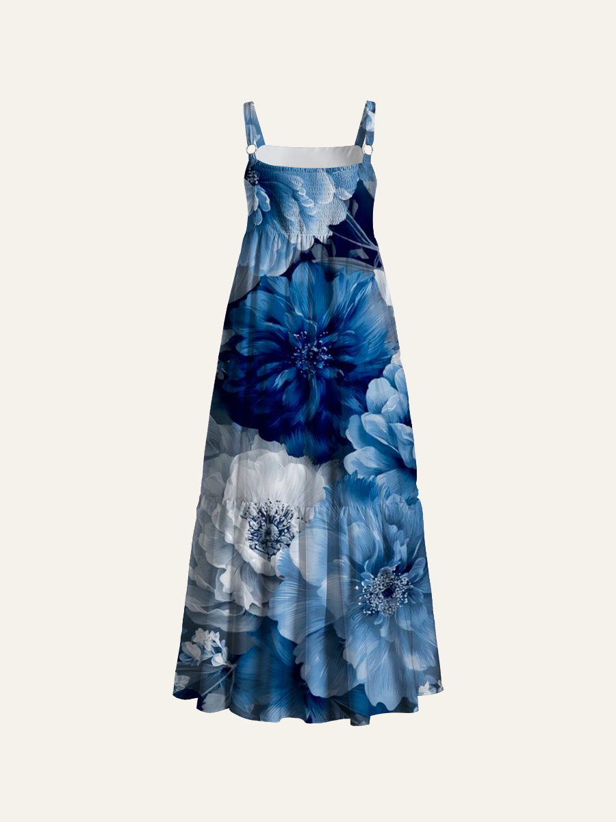 Indigo Blue and White Peony Watercolor Adjustable Wide Straps Maxi Dress