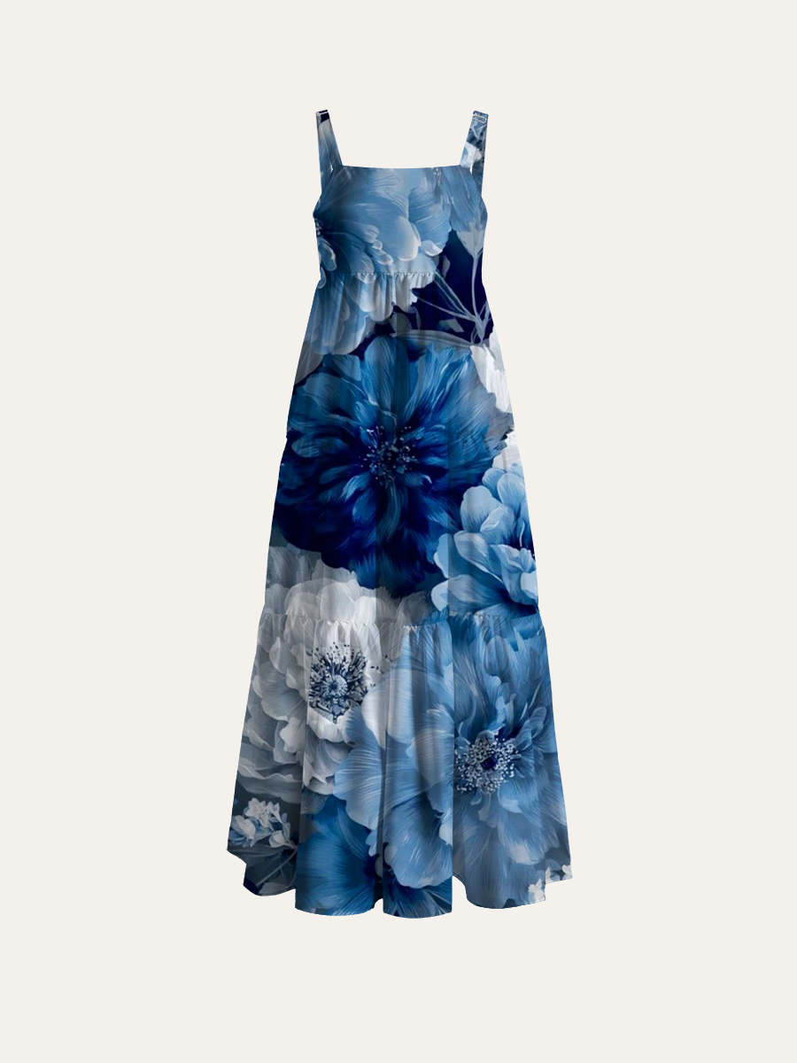 Indigo Blue and White Peony Watercolor Adjustable Wide Straps Maxi Dress
