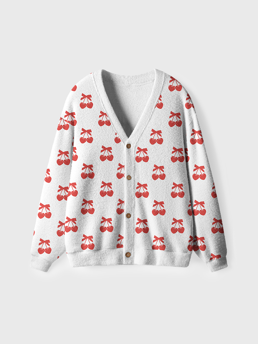 Vintage Red Cherry Bow Pop Ugly Cardigan Sweaters