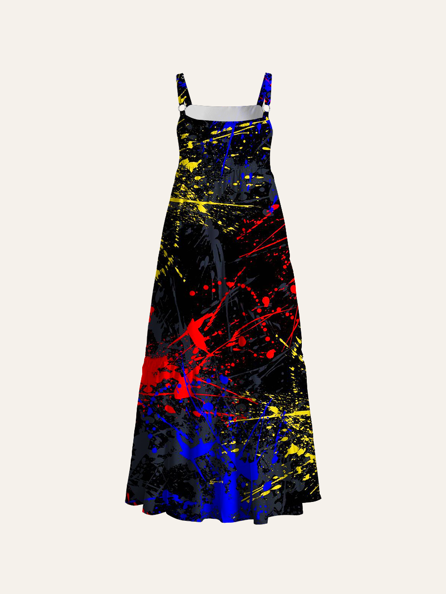 Color Graffiti Paint Splatter Adjustable Wide Straps Maxi Dress