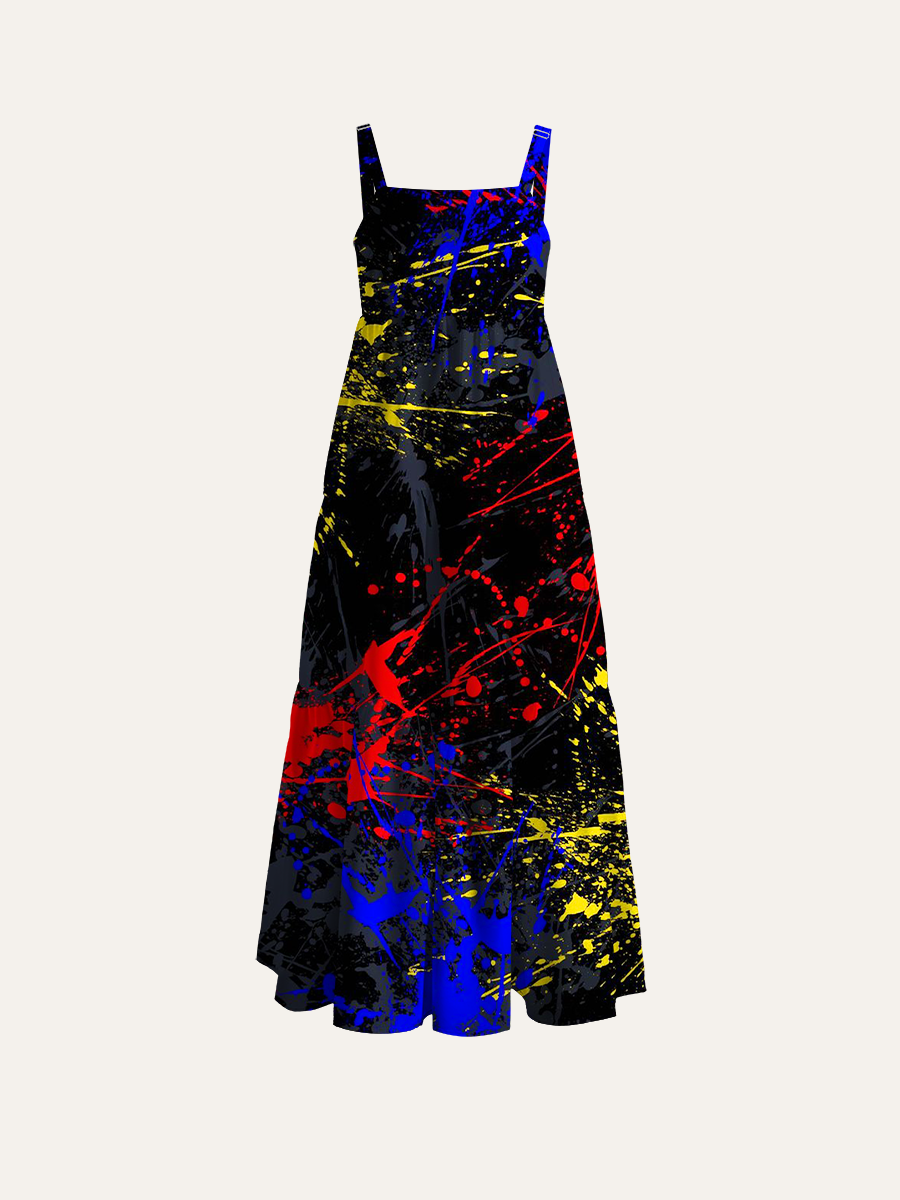 Color Graffiti Paint Splatter Adjustable Wide Straps Maxi Dress