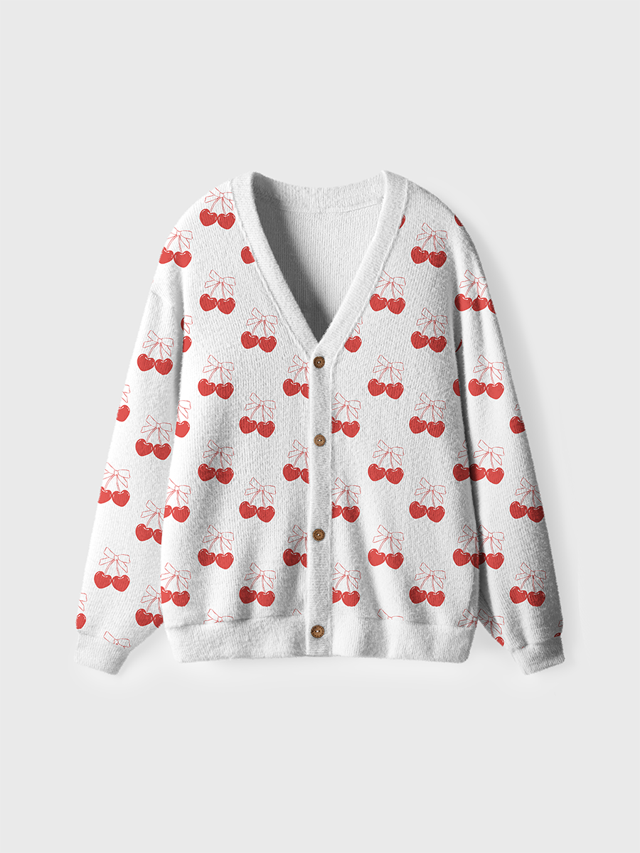 Vintage Line Art Cherry Bow Pop Ugly Cardigan Sweaters