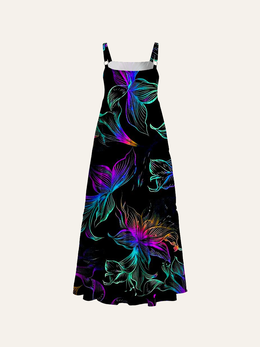 Neon Floral Adjustable Wide Straps Maxi Dress