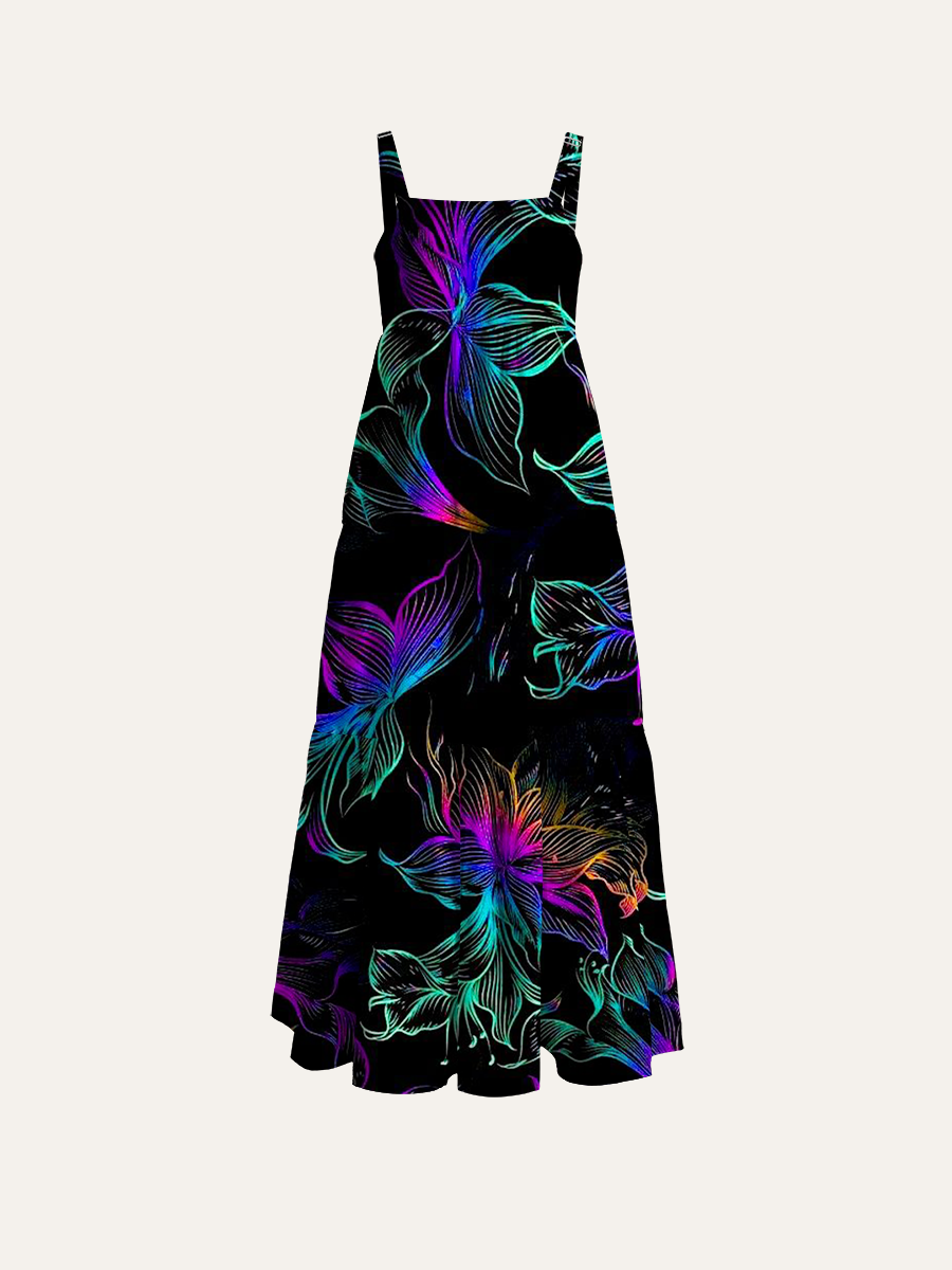 Neon Floral Adjustable Wide Straps Maxi Dress