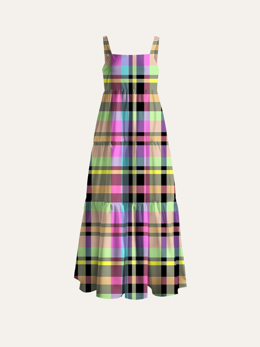 Pastel Neon Tartan Plaid Adjustable Wide Straps Maxi Dress