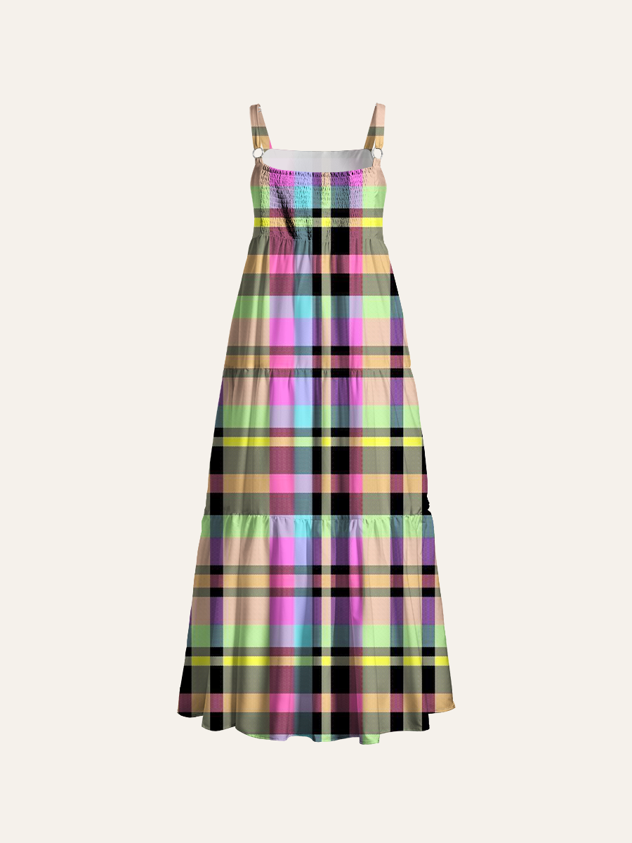 Pastel Neon Tartan Plaid Adjustable Wide Straps Maxi Dress