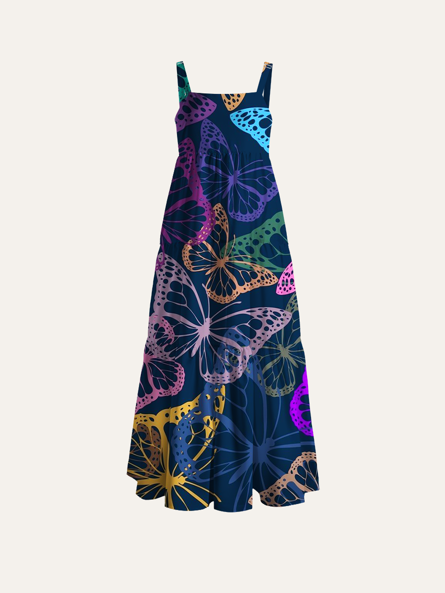 Neon Colorful Lace Butterfly Silhouette Adjustable Wide Straps Maxi Dress