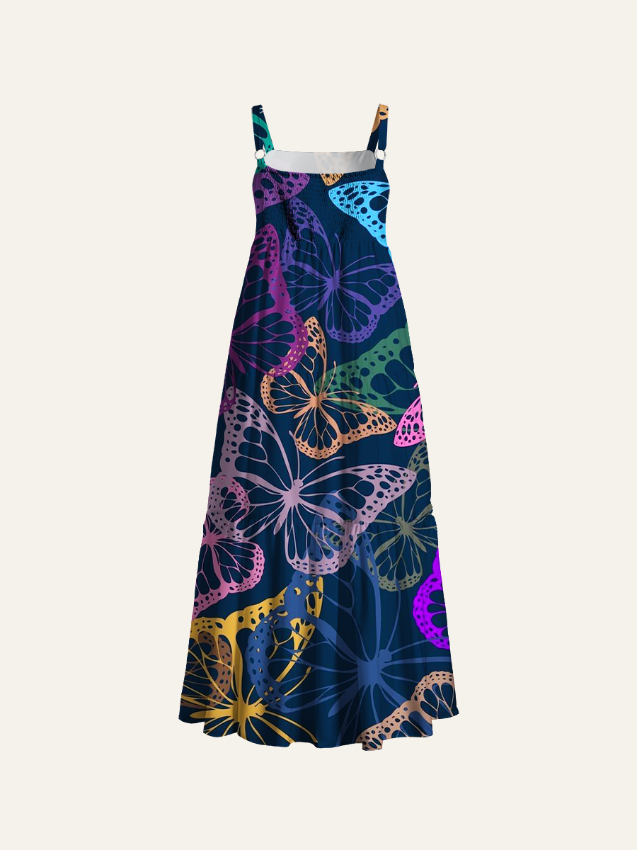 Neon Colorful Lace Butterfly Silhouette Adjustable Wide Straps Maxi Dress