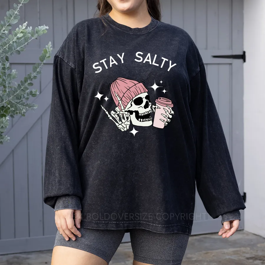 Vintage Skeleton Stay Salty Washed Long Sleeve Shirt