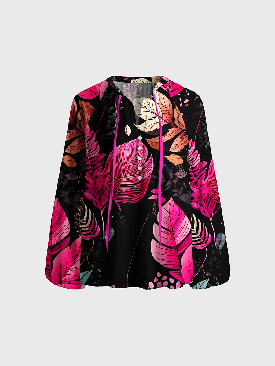 Neon Tropical Leaves Noir Neck Tie Blouse