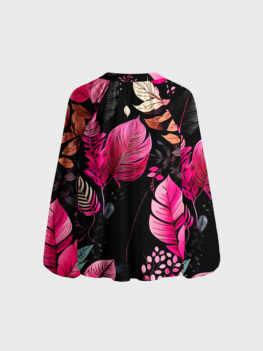 Neon Tropical Leaves Noir Neck Tie Blouse