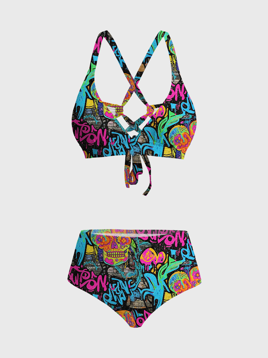 Vintage  Retro Pop Abstract Floral Motifs Two Piece Ruffled Tankini Swimsuit
