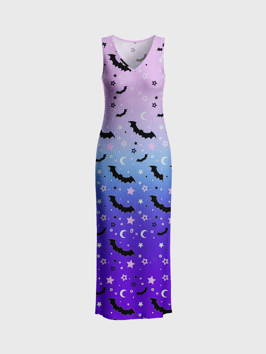 Pastel Goth Bat Moon Star Open Stitch Midi Dress