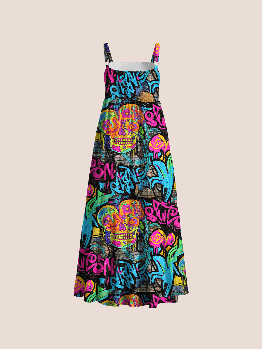  Retro Pop Abstract Floral Motifs Adjustable Wide Straps Maxi Dress