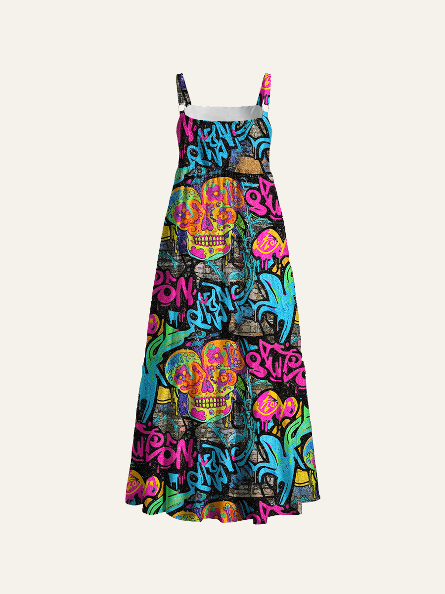 Retro Pop Abstract Floral Motifs Adjustable Wide Straps Maxi Dress