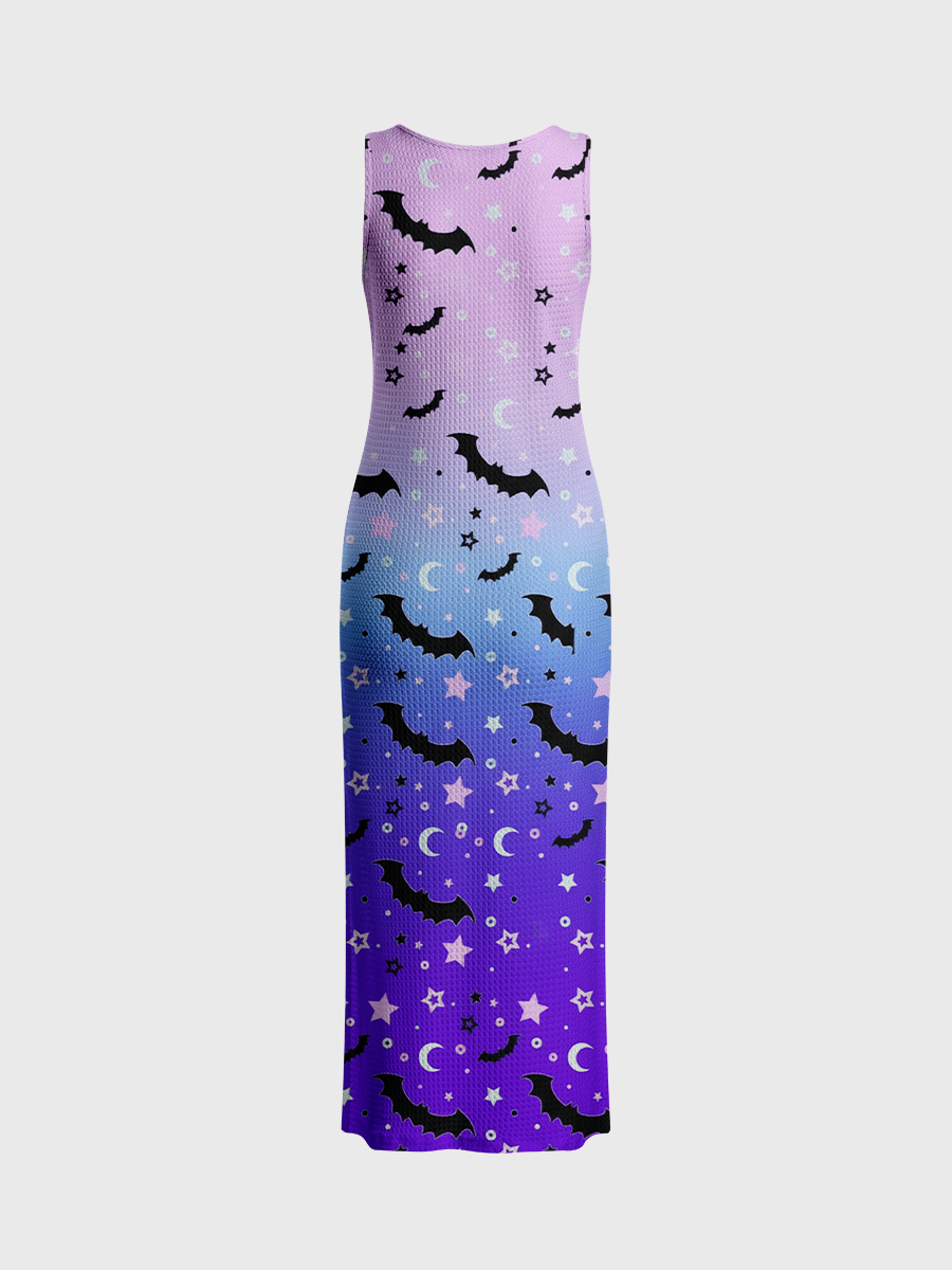 Pastel Goth Bat Moon Star Open Stitch Midi Dress