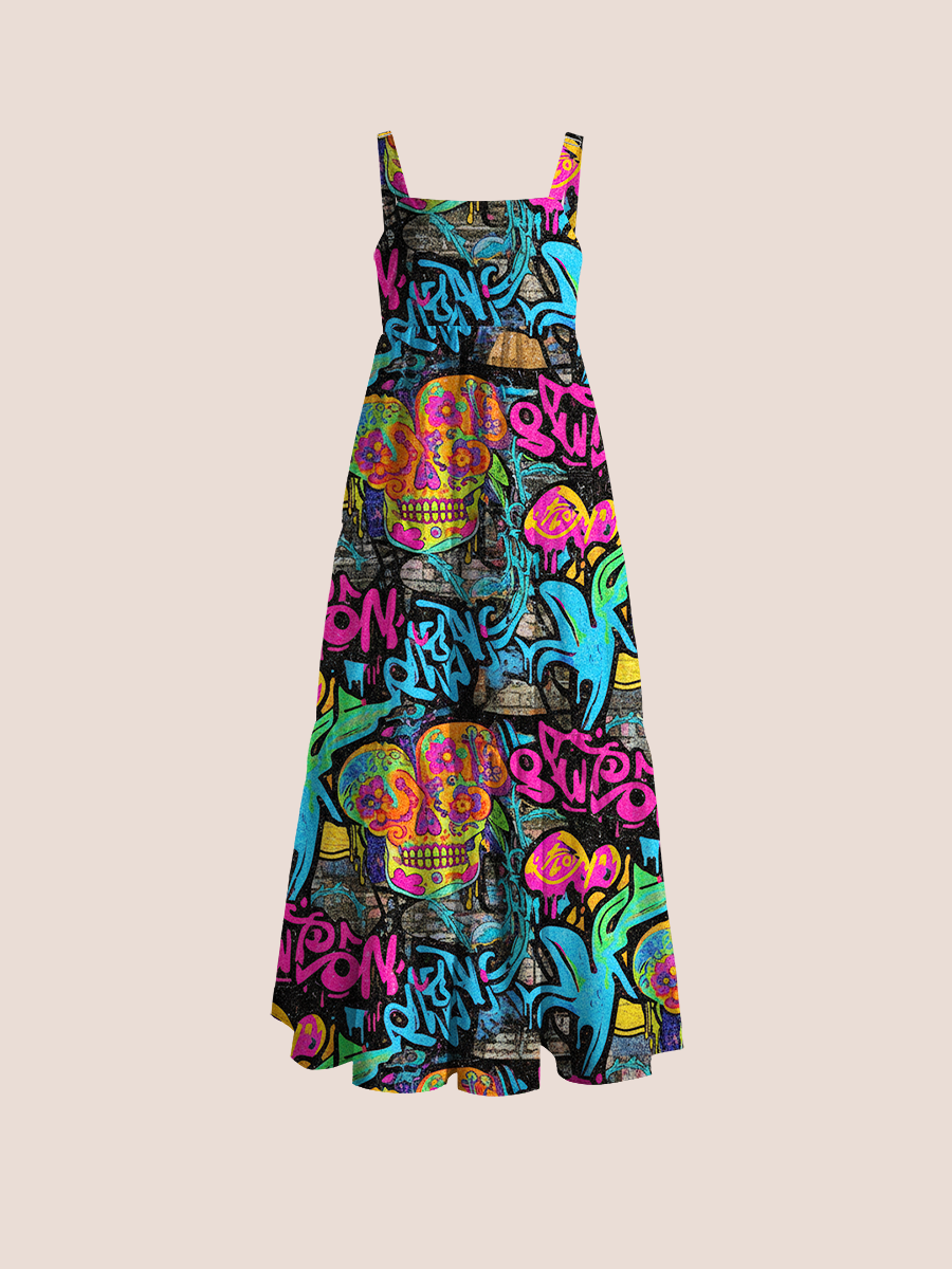  Retro Pop Abstract Floral Motifs Adjustable Wide Straps Maxi Dress