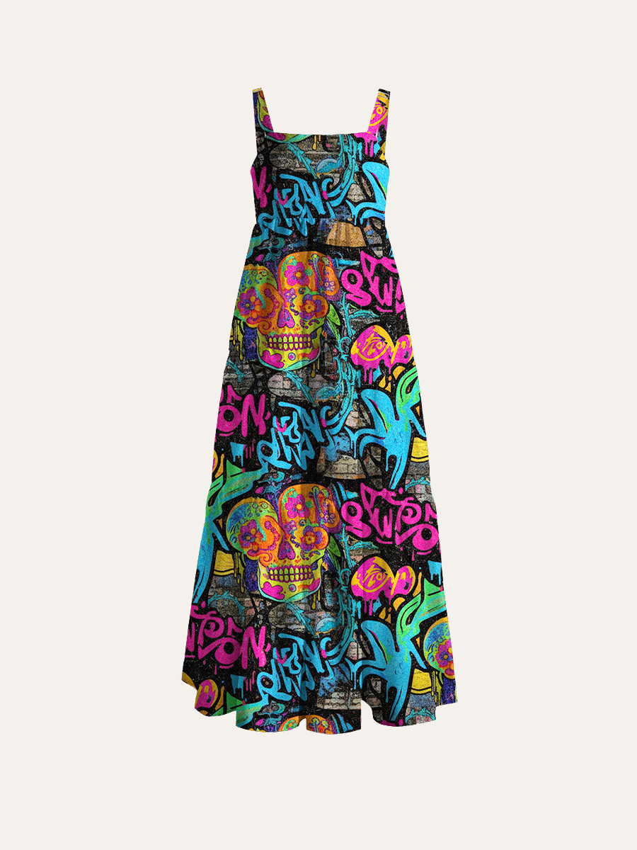 Retro Pop Abstract Floral Motifs Adjustable Wide Straps Maxi Dress