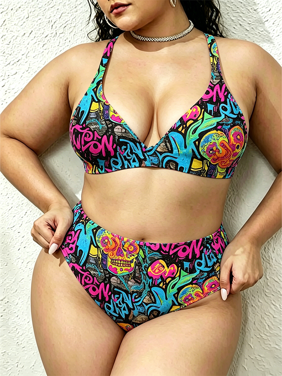 Vintage  Retro Pop Abstract Floral Motifs Two Piece Ruffled Tankini Swimsuit