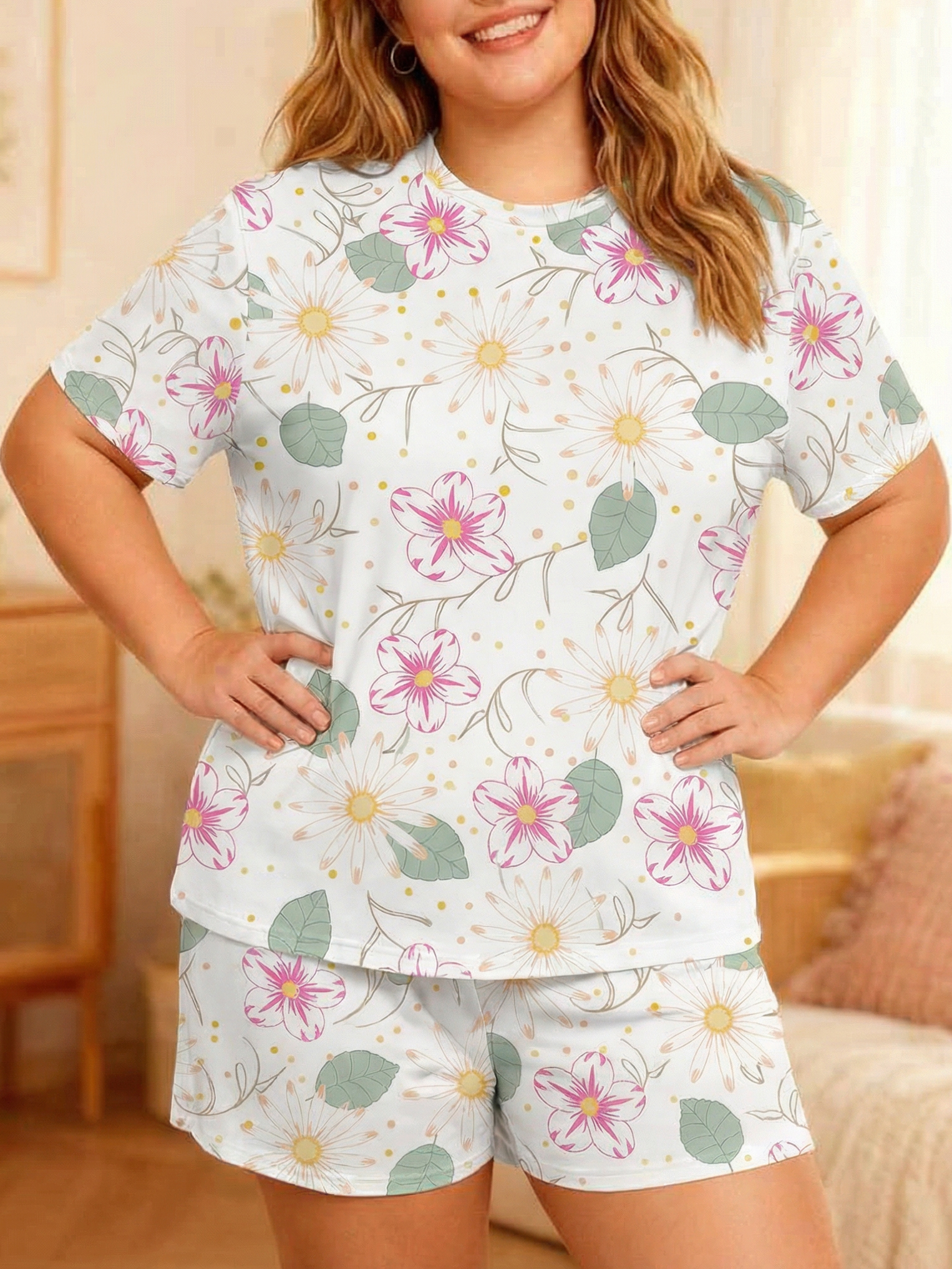 Vintage Pink-Green Flower Short Pajamas