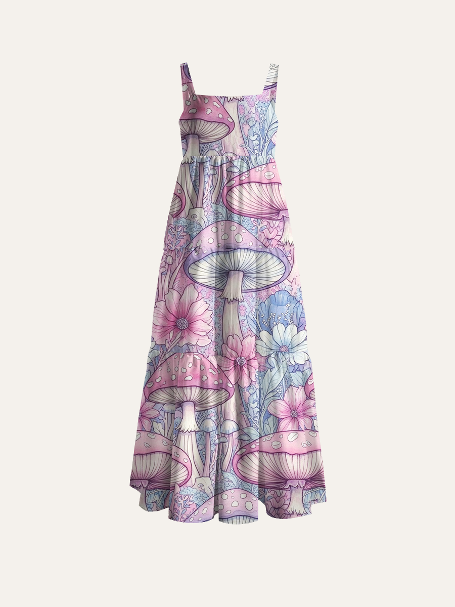 Pastel Watercolor Mushroom Adjustable Wide Straps Maxi Dress