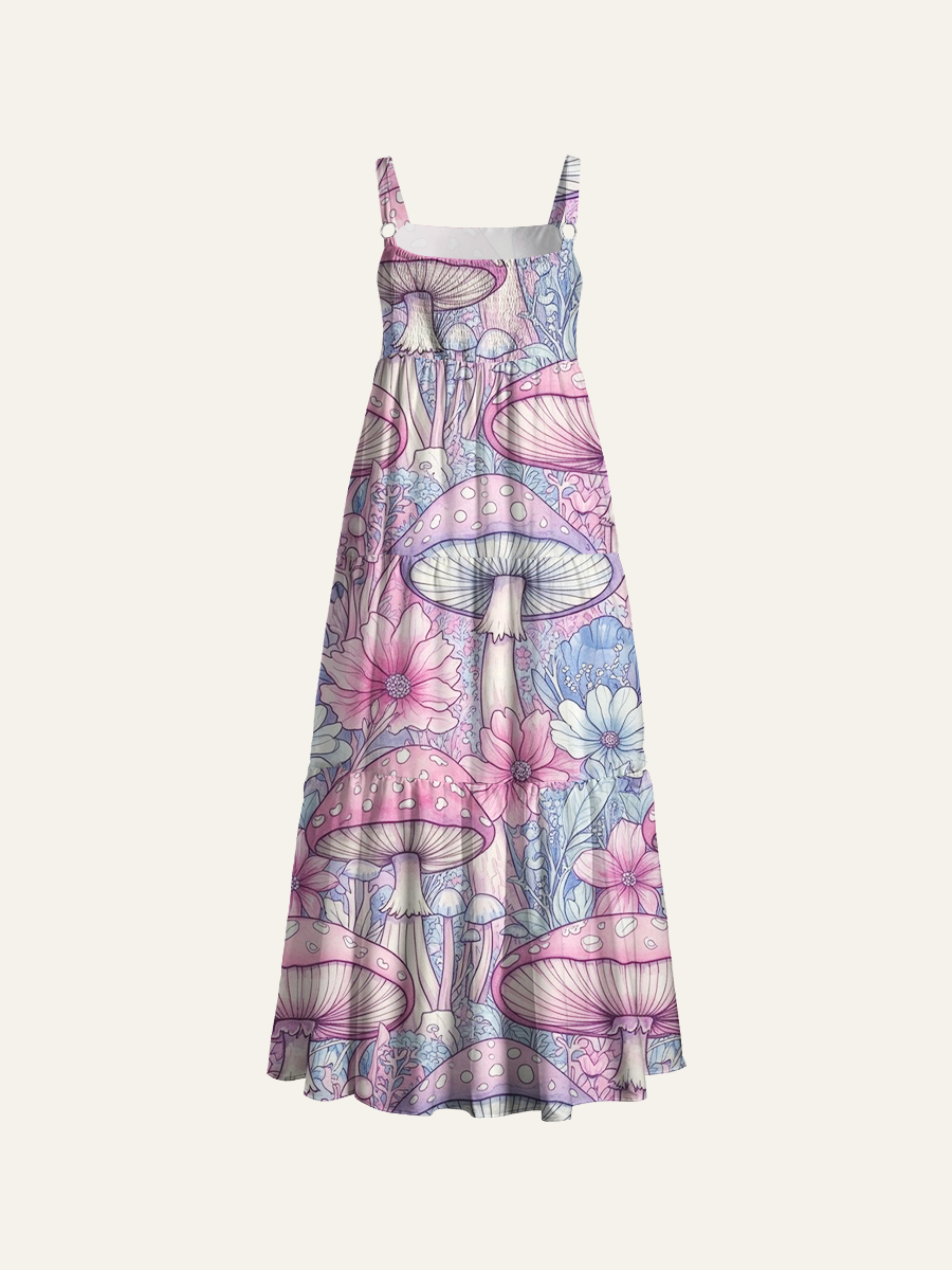 Pastel Watercolor Mushroom Adjustable Wide Straps Maxi Dress