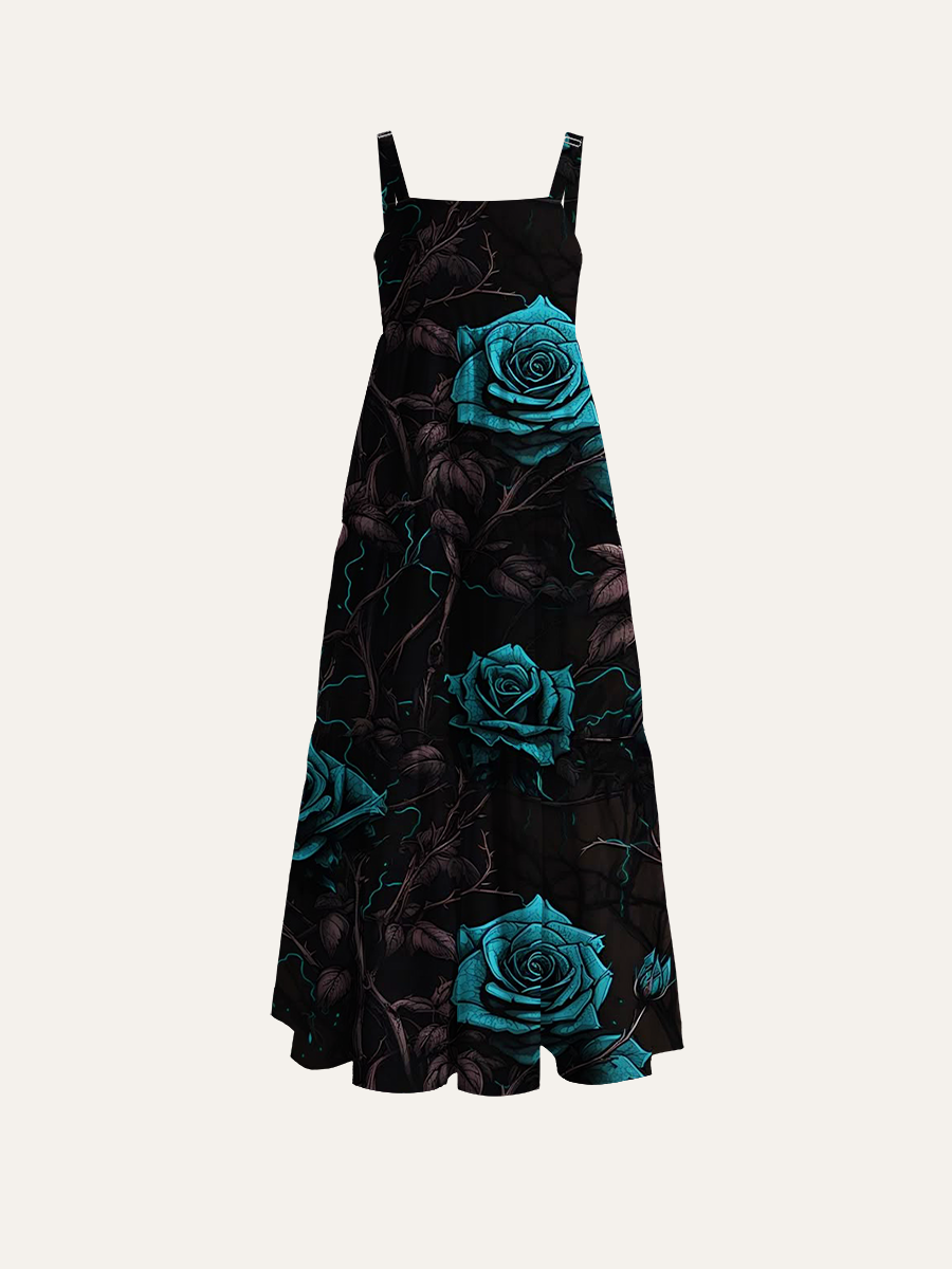 Gothic Blue Rose Adjustable Wide Straps Maxi Dress