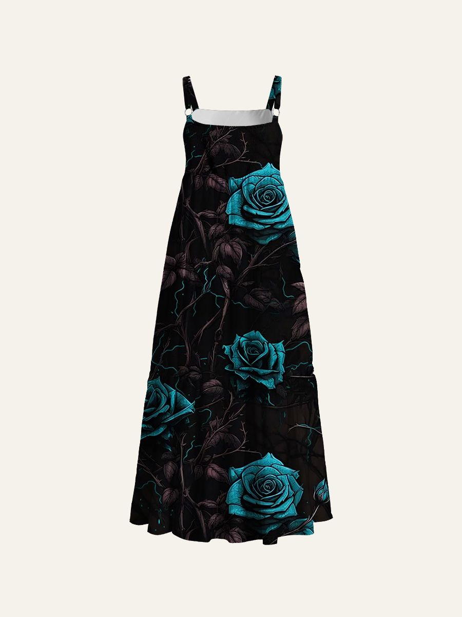 Gothic Blue Rose Adjustable Wide Straps Maxi Dress