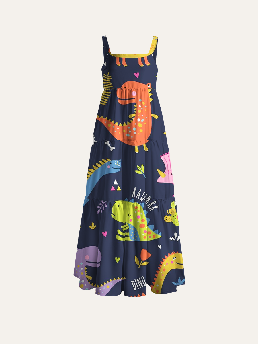 Playful Multicolor Dinosaur Adjustable Wide Straps Maxi Dress