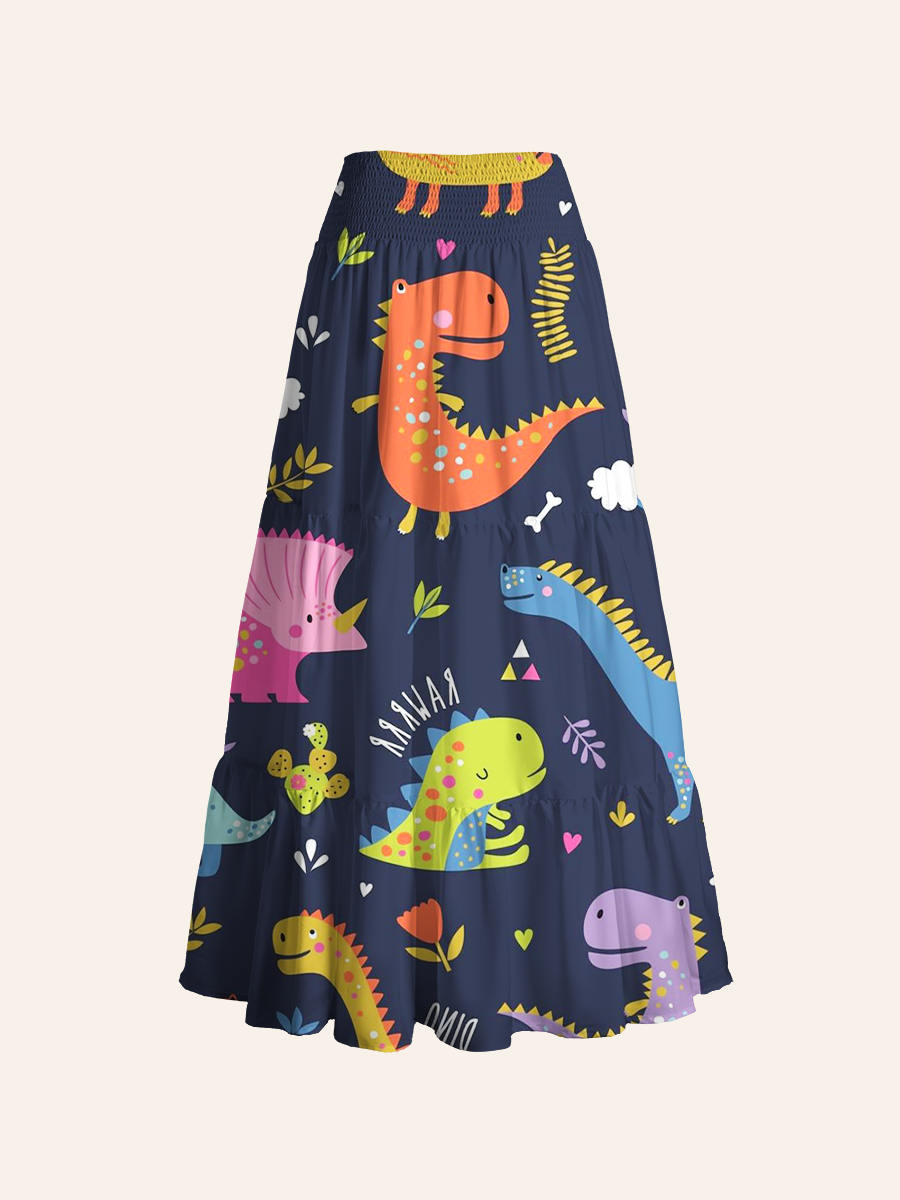 Playful Multicolor Dinosaur Convertible Maxi Skirts