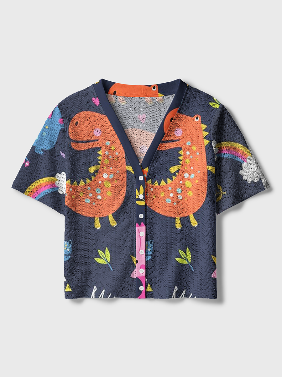 Playful Multicolor Dinosaur Crochet Button Down Cardigan