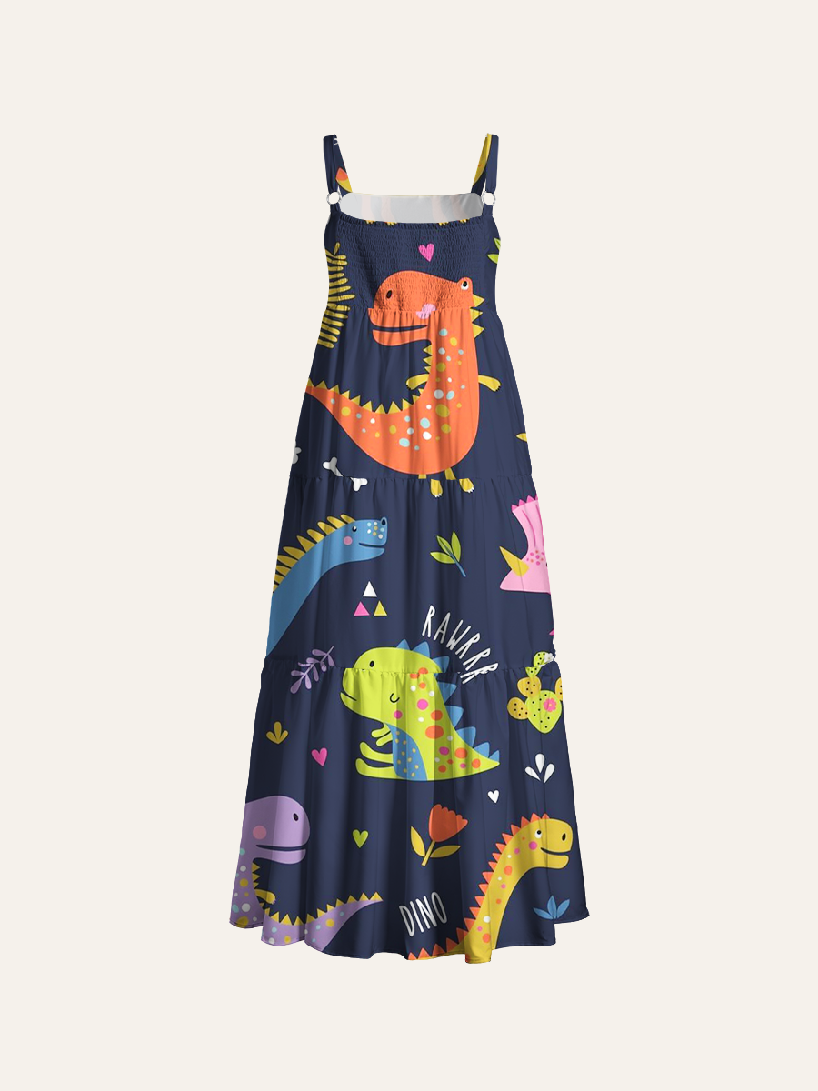 Playful Multicolor Dinosaur Adjustable Wide Straps Maxi Dress
