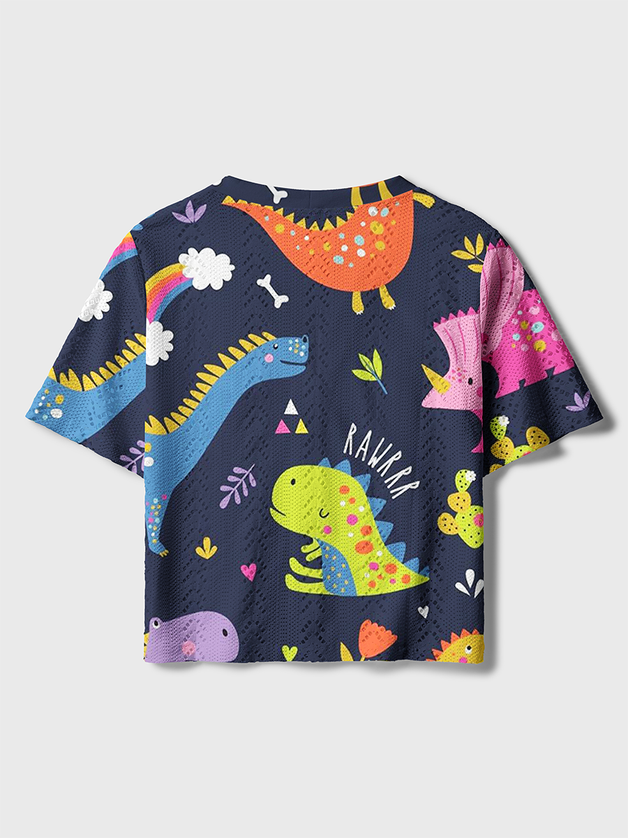 Playful Multicolor Dinosaur Crochet Button Down Cardigan