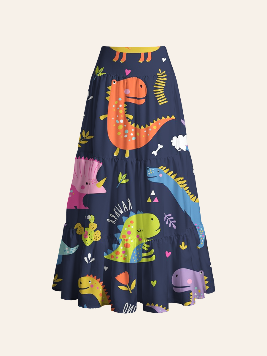 Playful Multicolor Dinosaur Convertible Maxi Skirts