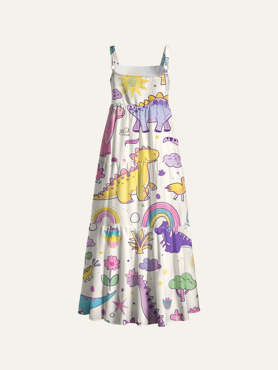 Soft Sketch-Style Dinosaur Adjustable Wide Straps Maxi Dress