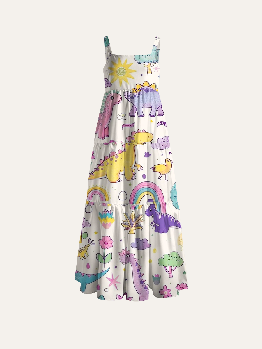 Soft Sketch-Style Dinosaur Adjustable Wide Straps Maxi Dress