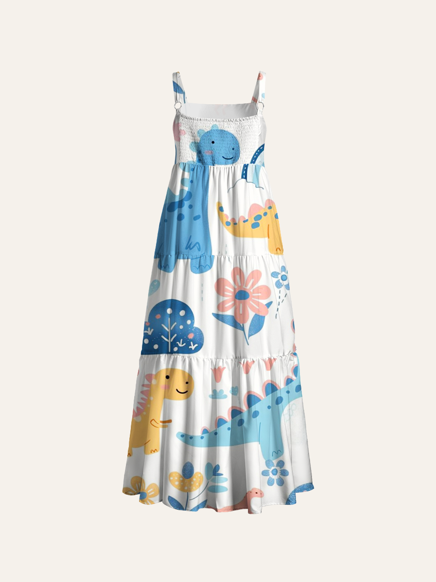 Cute Pastel Dinosaur Adjustable Wide Straps Maxi Dress